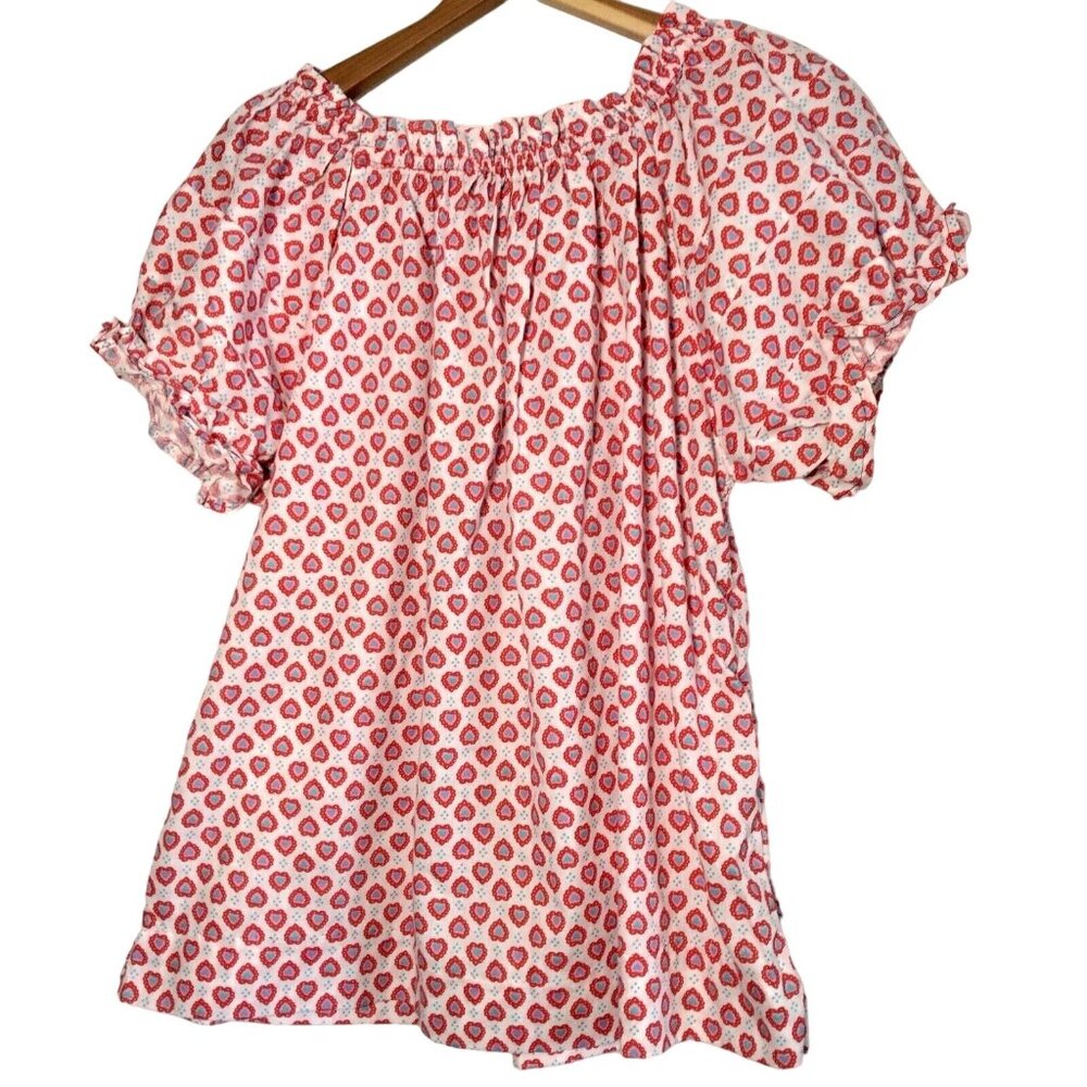 Vintage Handmade Shirt Womens L Hearts Love Peasant Blouse Short Sleeve Ruffled
